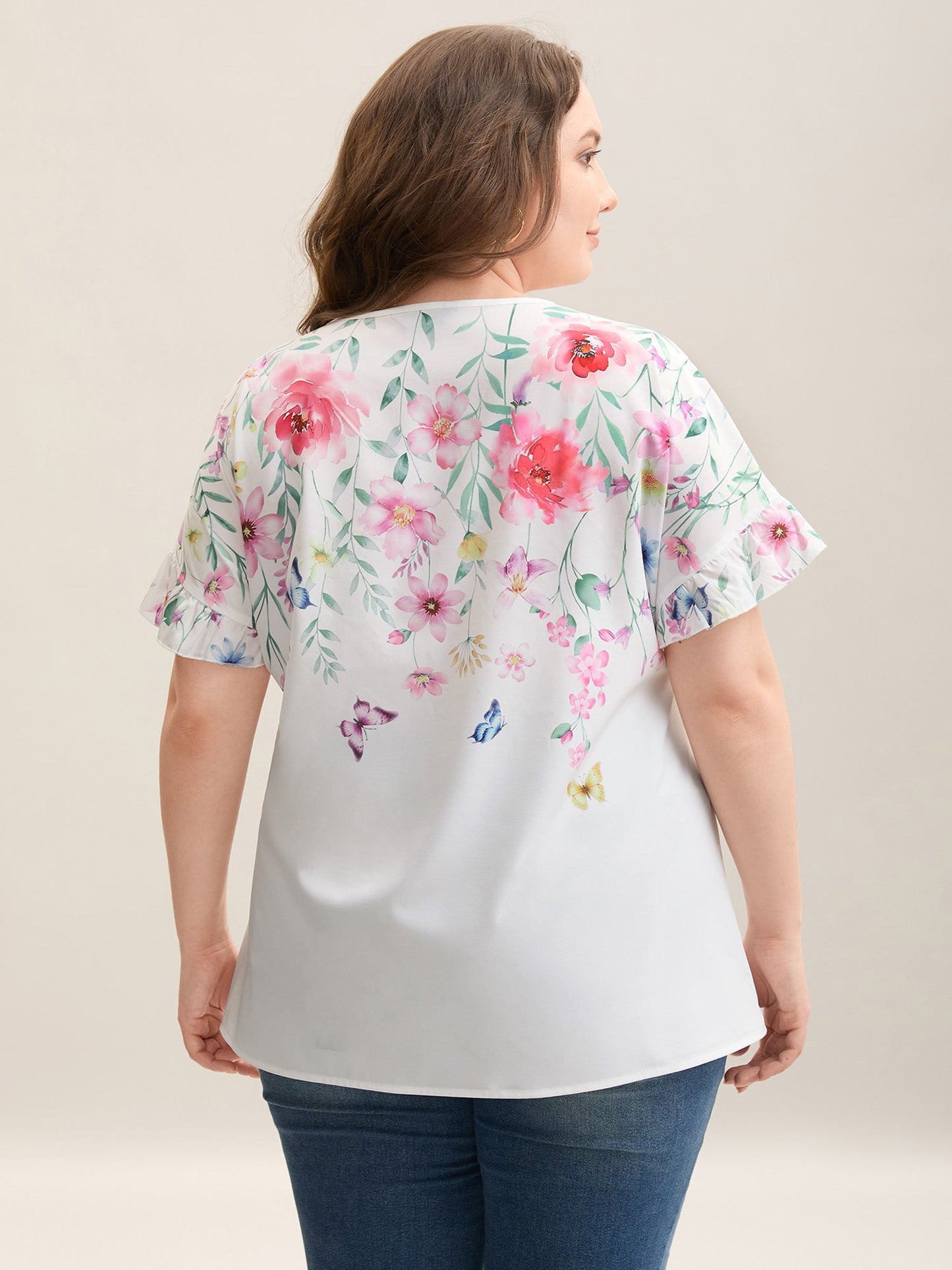 Floral Bodice Round Neck Flared Blouse