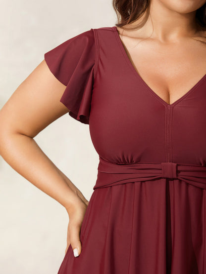 Pleated Waist Flutter Sleeve Swim Dress