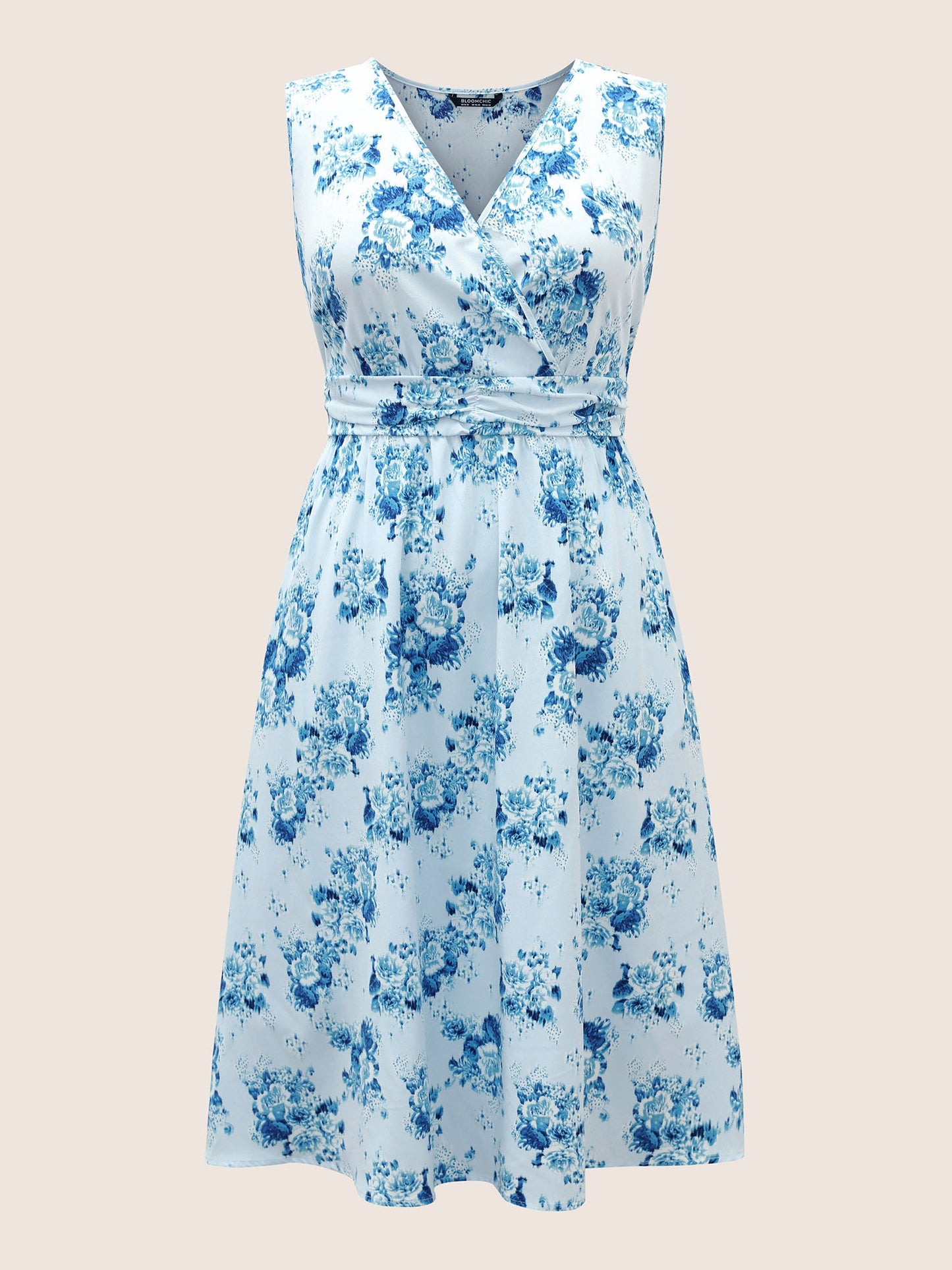 Overlap Collar Floral Sleeveless Ruched Dress