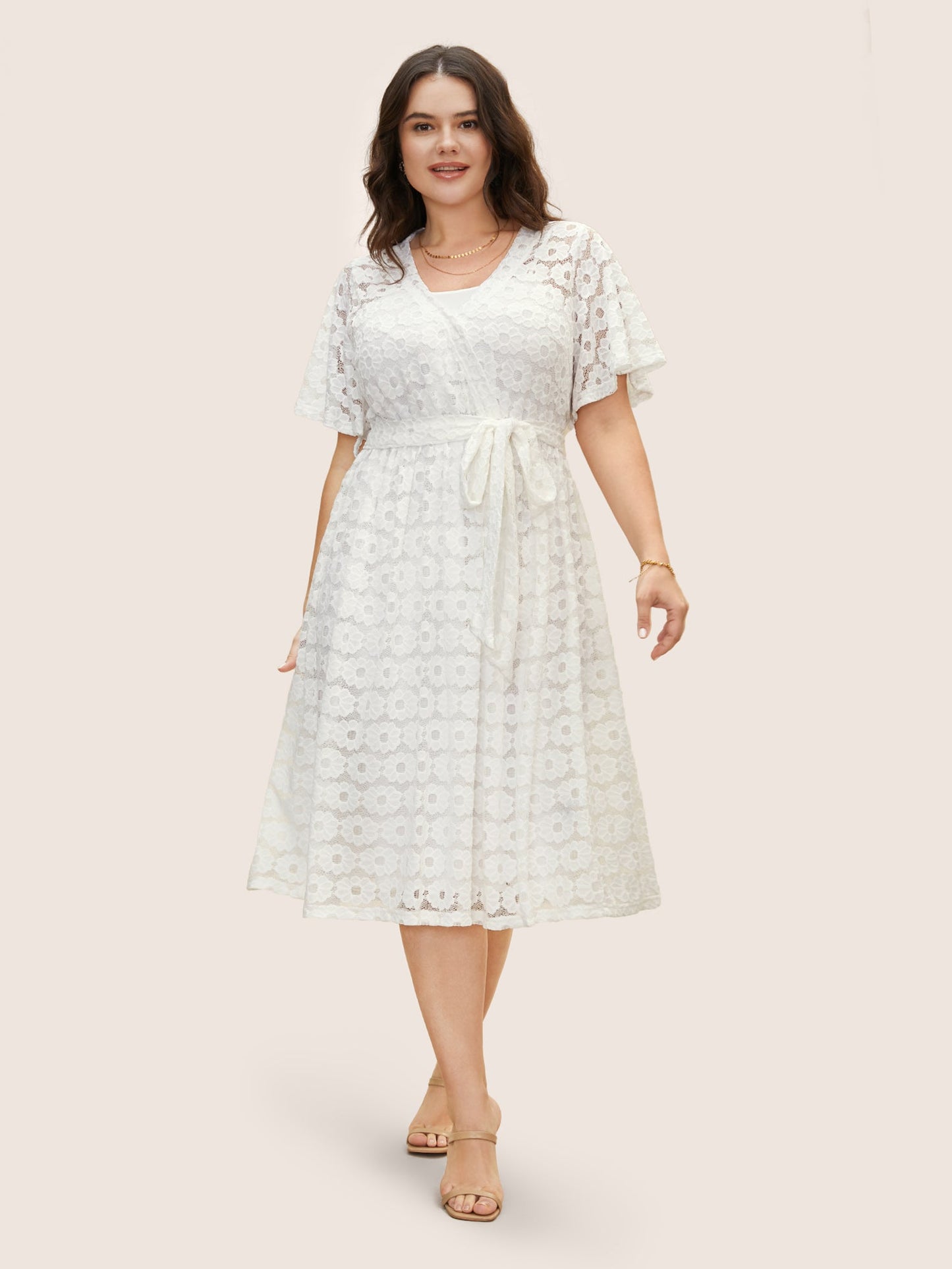 Crochet Lace Mesh Belted Midi Dress