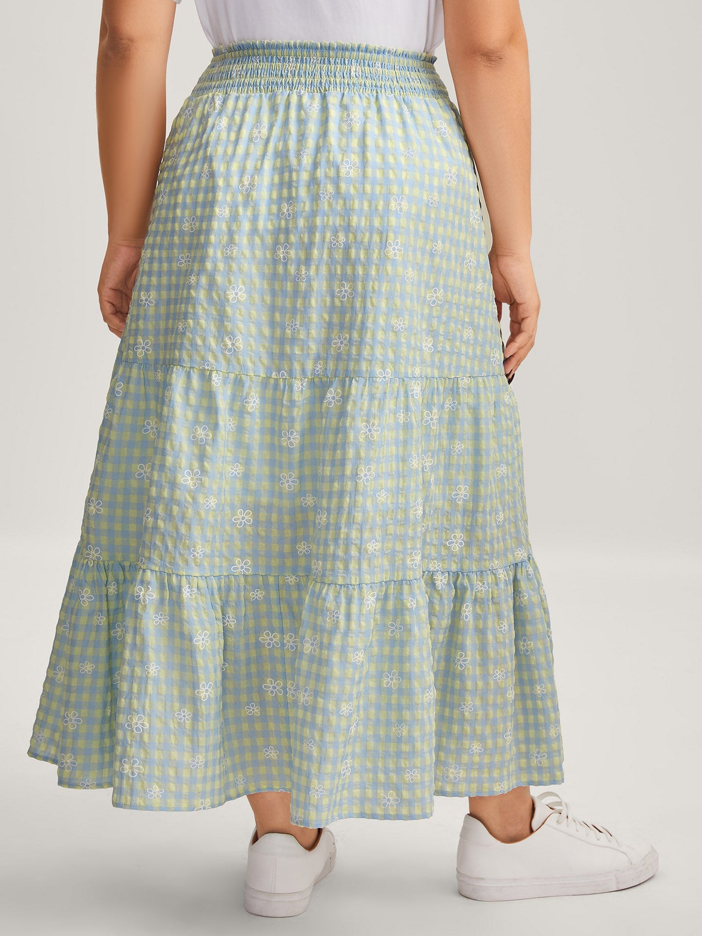 Plaid Floral Shirred Waist Maxi Skirt