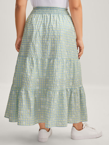 Plaid Floral Shirred Waist Maxi Skirt
