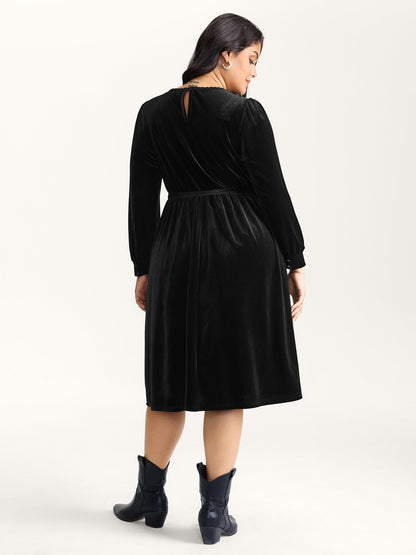Velvet Sheer Neckline Belted Waist Maxi Dress