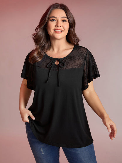 Sheer Neckline Tie Ruffled Sleeve T-Shirt