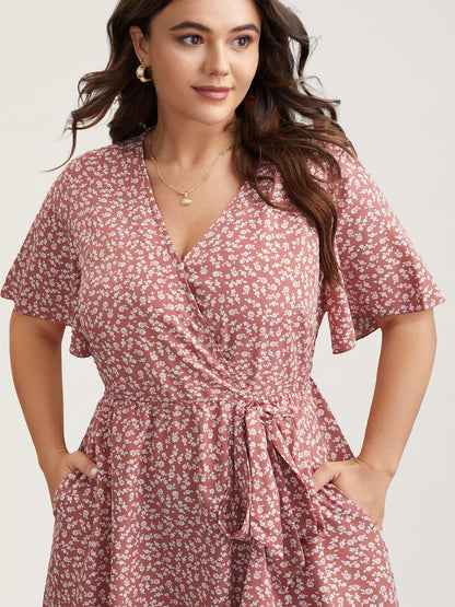 Ditsy Floral Print Stretchy-Waist Ruffle Midi Dress