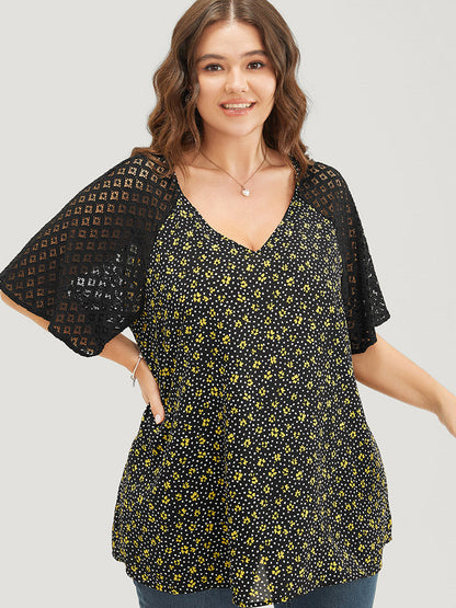 Ditsy Floral Lace Raglan Sleeve  Blouse