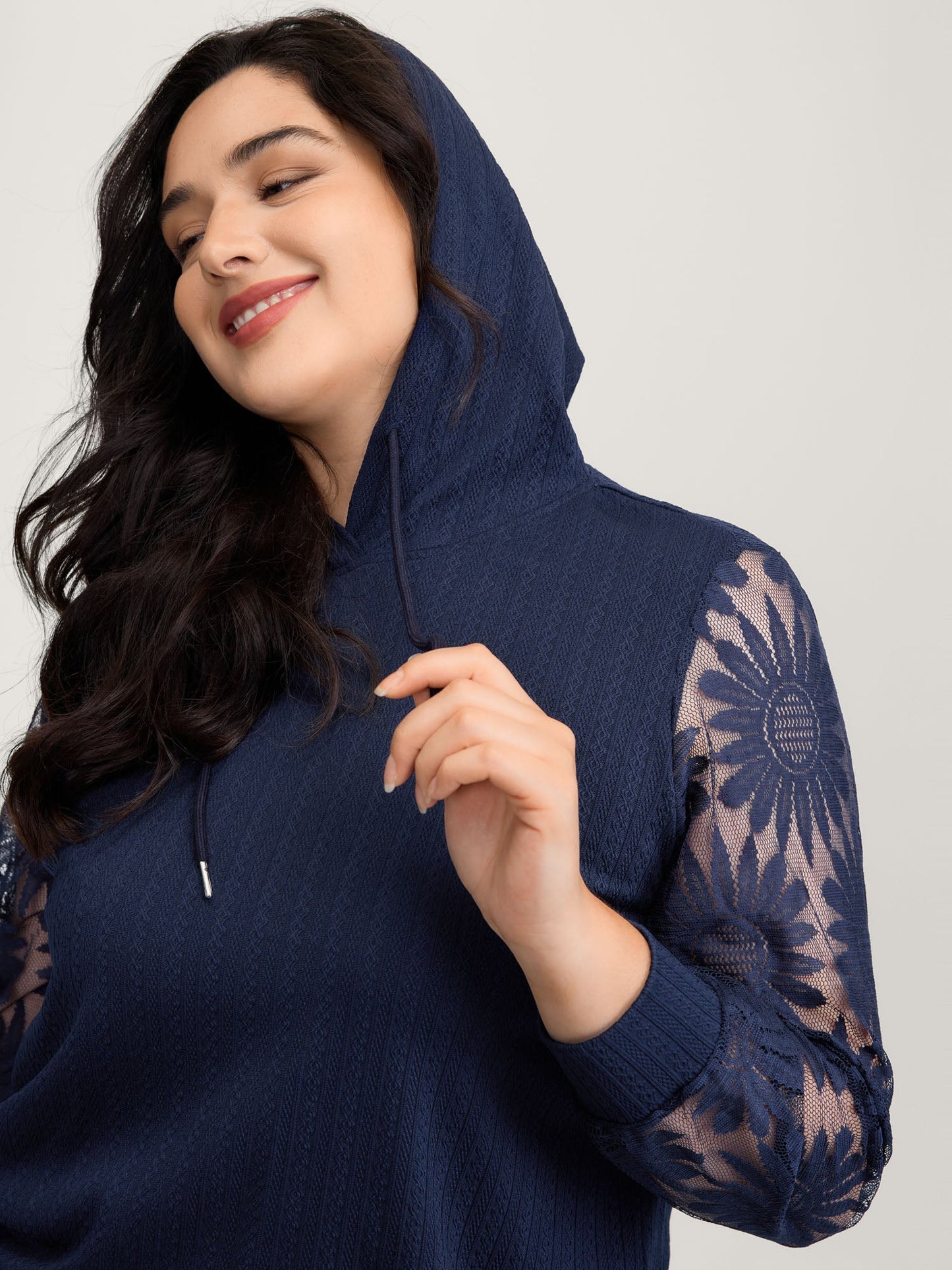 Sheer Lace Sleeve Textured Hoodie