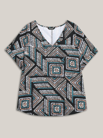 Geometric Print V-Neck Relaxed Fit Blouse