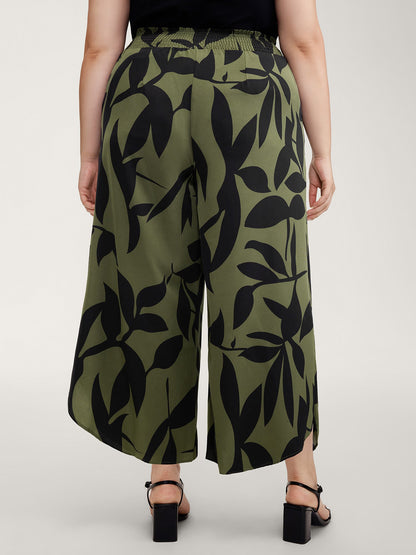 Leaf Print Shirred Wide Waistband Pants