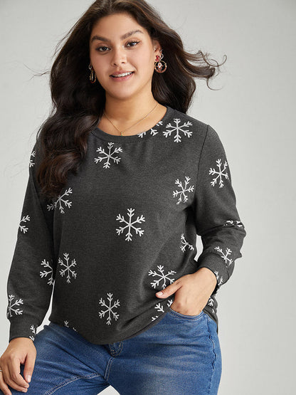 Snowflake Print Round Neck Sweatshirt