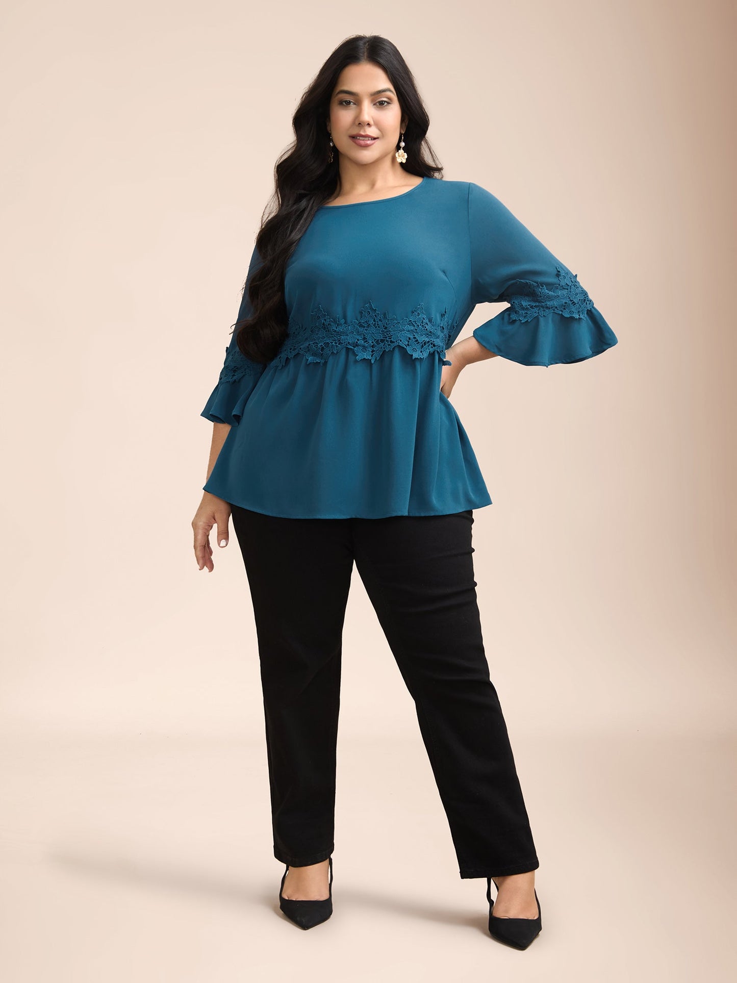 Lace Detail Ruffled Round Neck Blouse