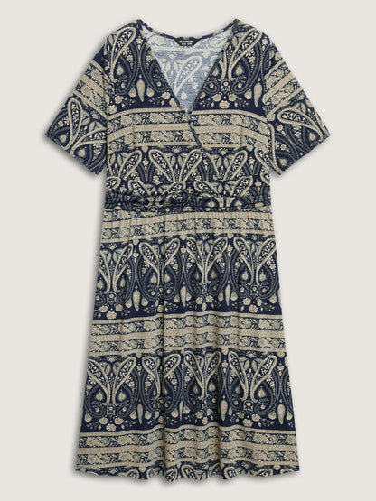 Paisley Stripe Print Pleated Waist Midi Dress
