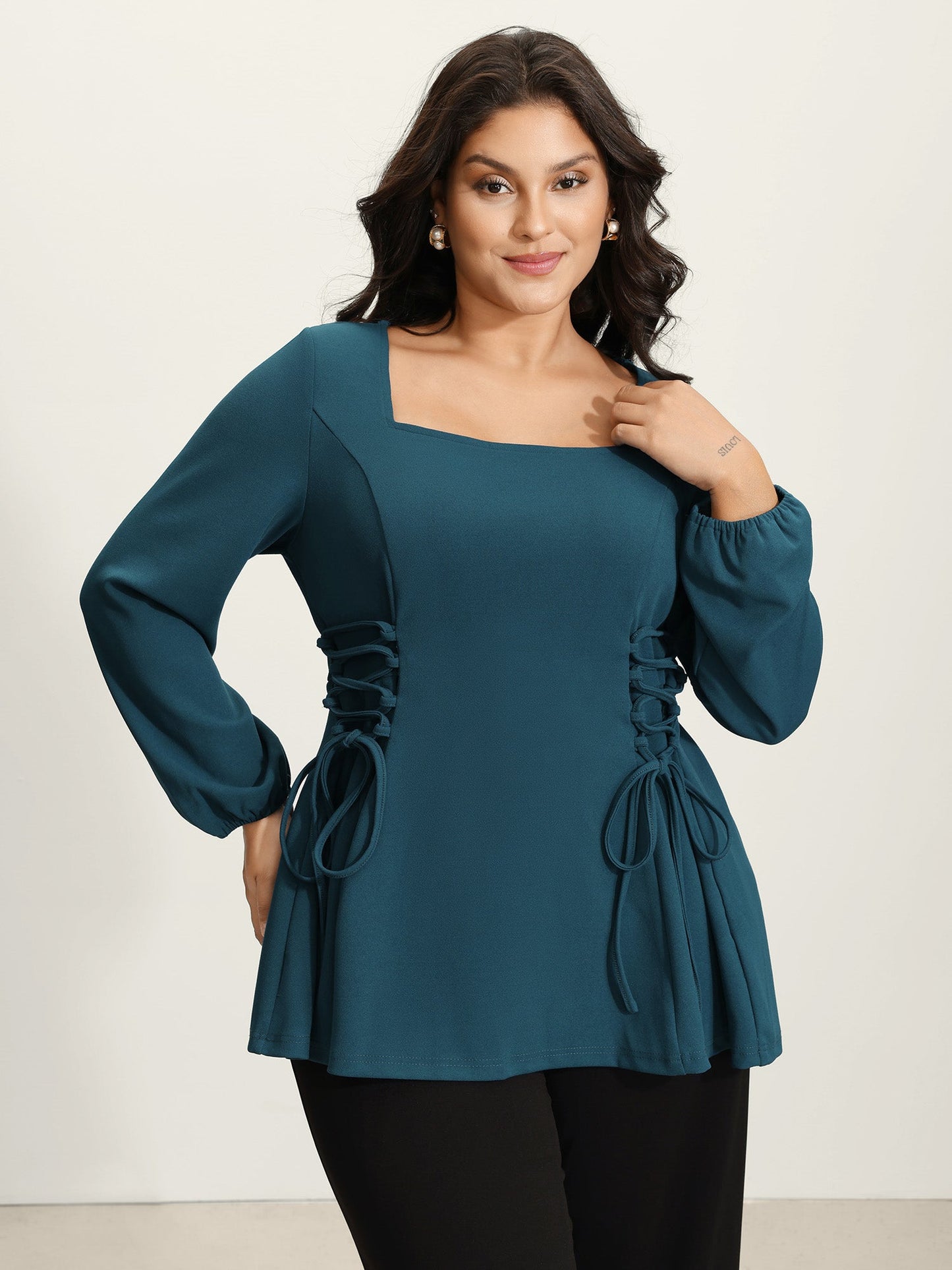 Cinched-Waist Cross-Tie Stretchy Blouse