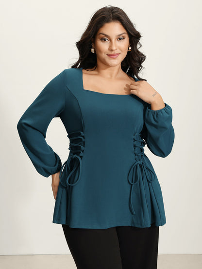 Cinched-Waist Cross-Tie Stretchy Blouse