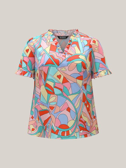 Abstract Pattern Petal Trim V-Neck Blouse