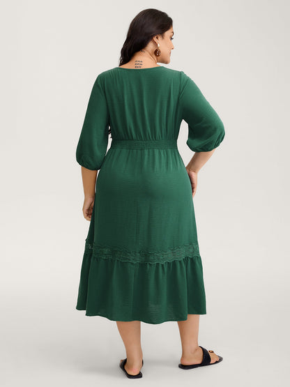 Embroidered Lace Trim Neck Drawstring Maxi Dress