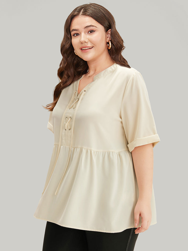 Anti-Wrinkle Lace Up Notched Gathered Blouse