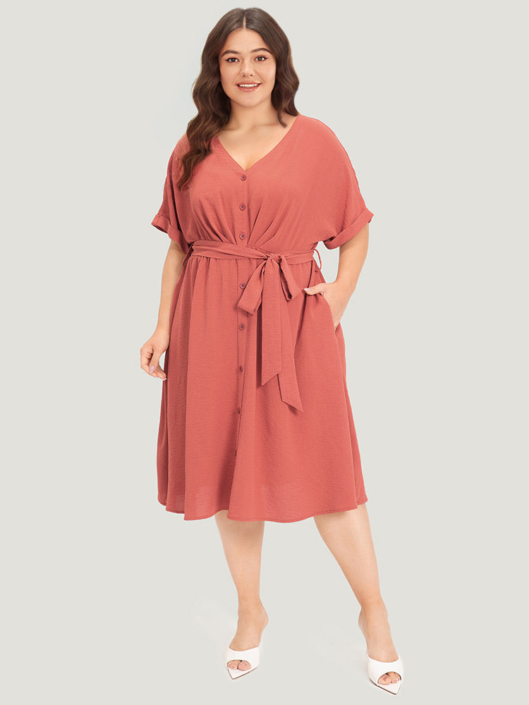Solid Pocket Button Detail Ties Roll Sleeve Dress