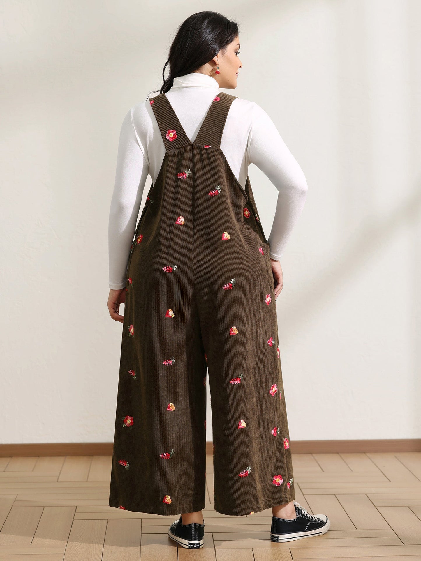 Corduroy Embroidered Patch Pocket Overall Jumpsuit