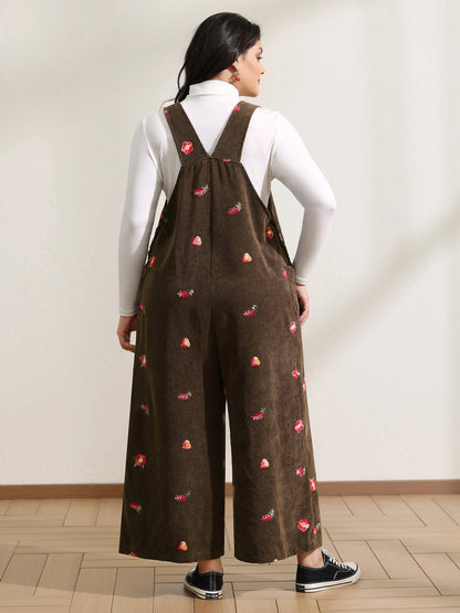 Corduroy Embroidered Patch Pocket Overall Jumpsuit