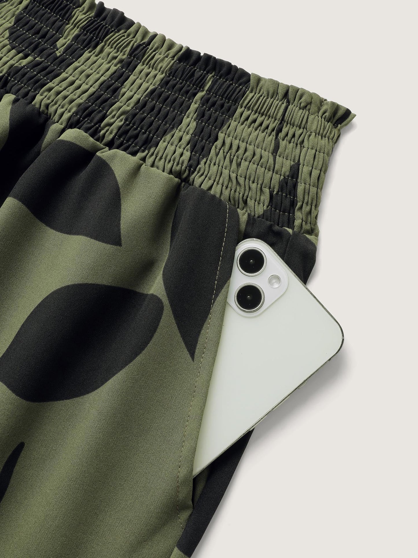 Leaf Print Shirred Wide Waistband Pants