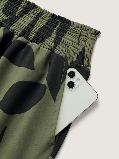 Leaf Print Shirred Wide Waistband Pants
