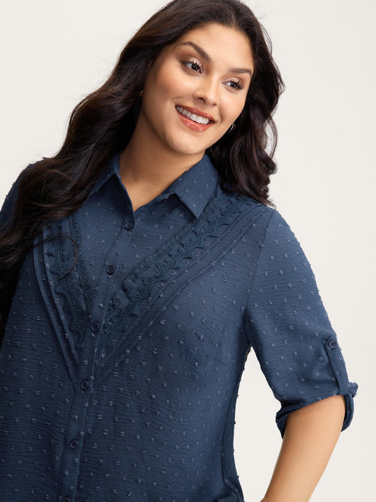 Textured Lace Trim Button-Down Shirt