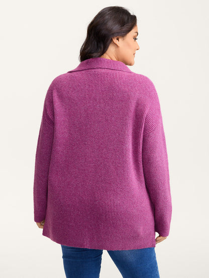 Textured Half Zipper Lapel Collar Pullover