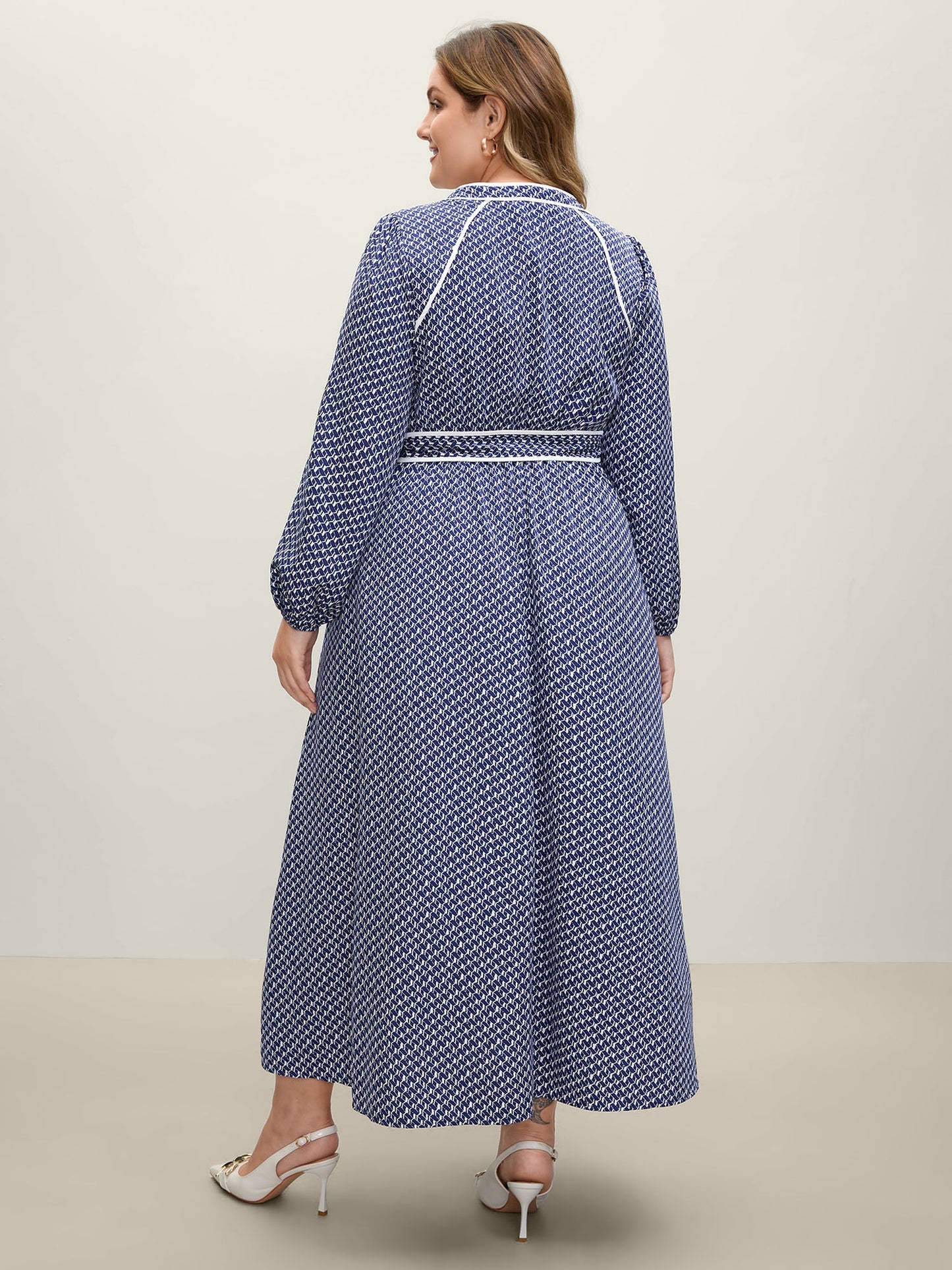 Micro Geometric Print Waist-Tie Maxi Dress