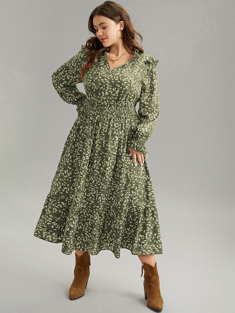 Ditsy Floral Flutter Trim Pocket Shirred Dress