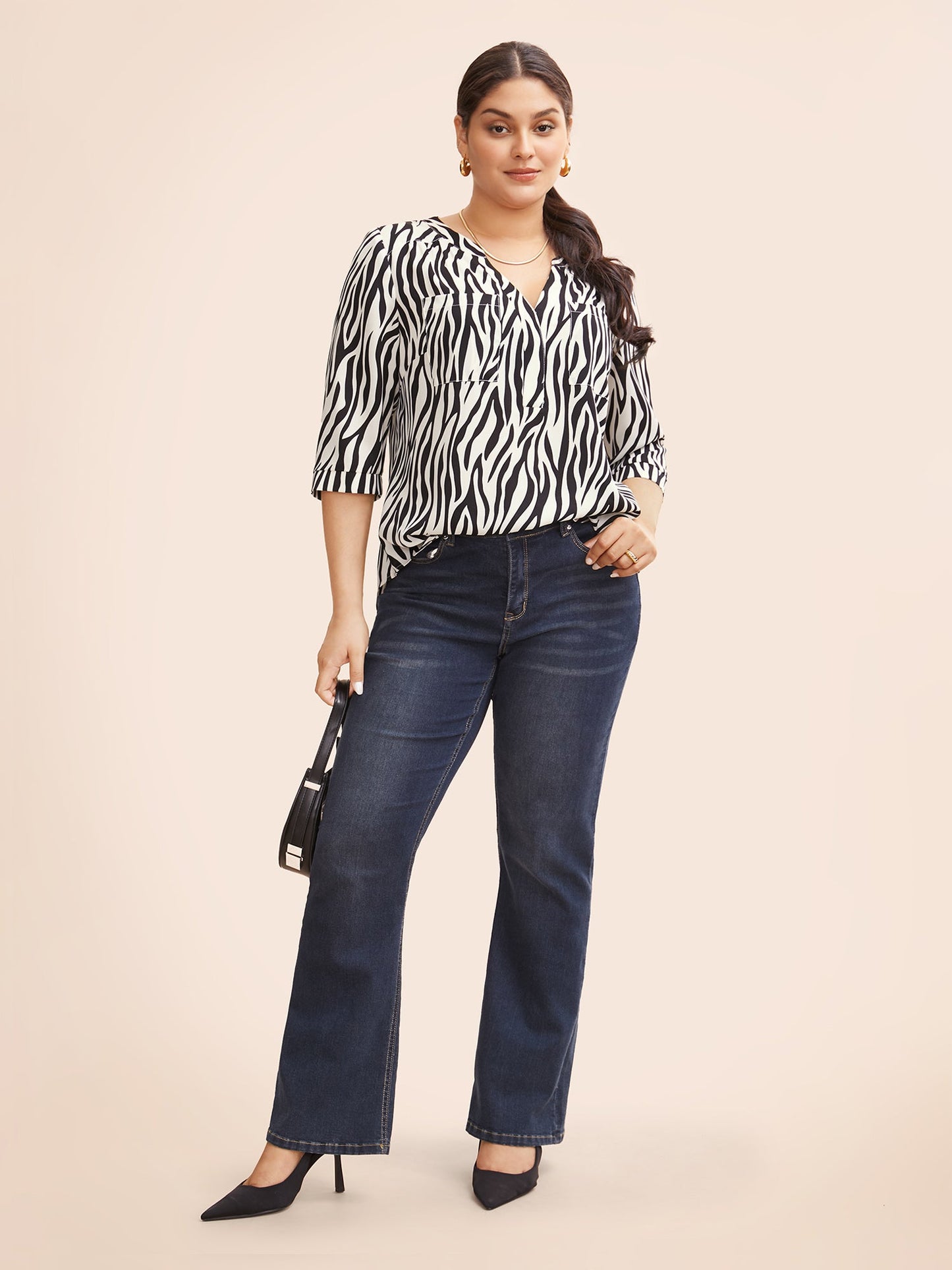 Zebra Print Notched Patched Pocket Blouse