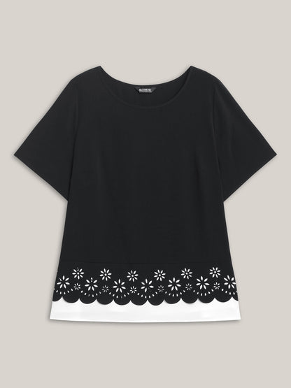 Laser Cut Patchwork Round Neck Blouse