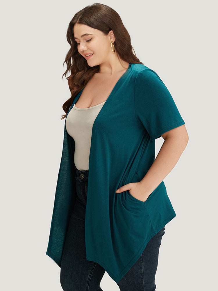 Plain Open Front Pocket Asymmetrical Hem Kimono