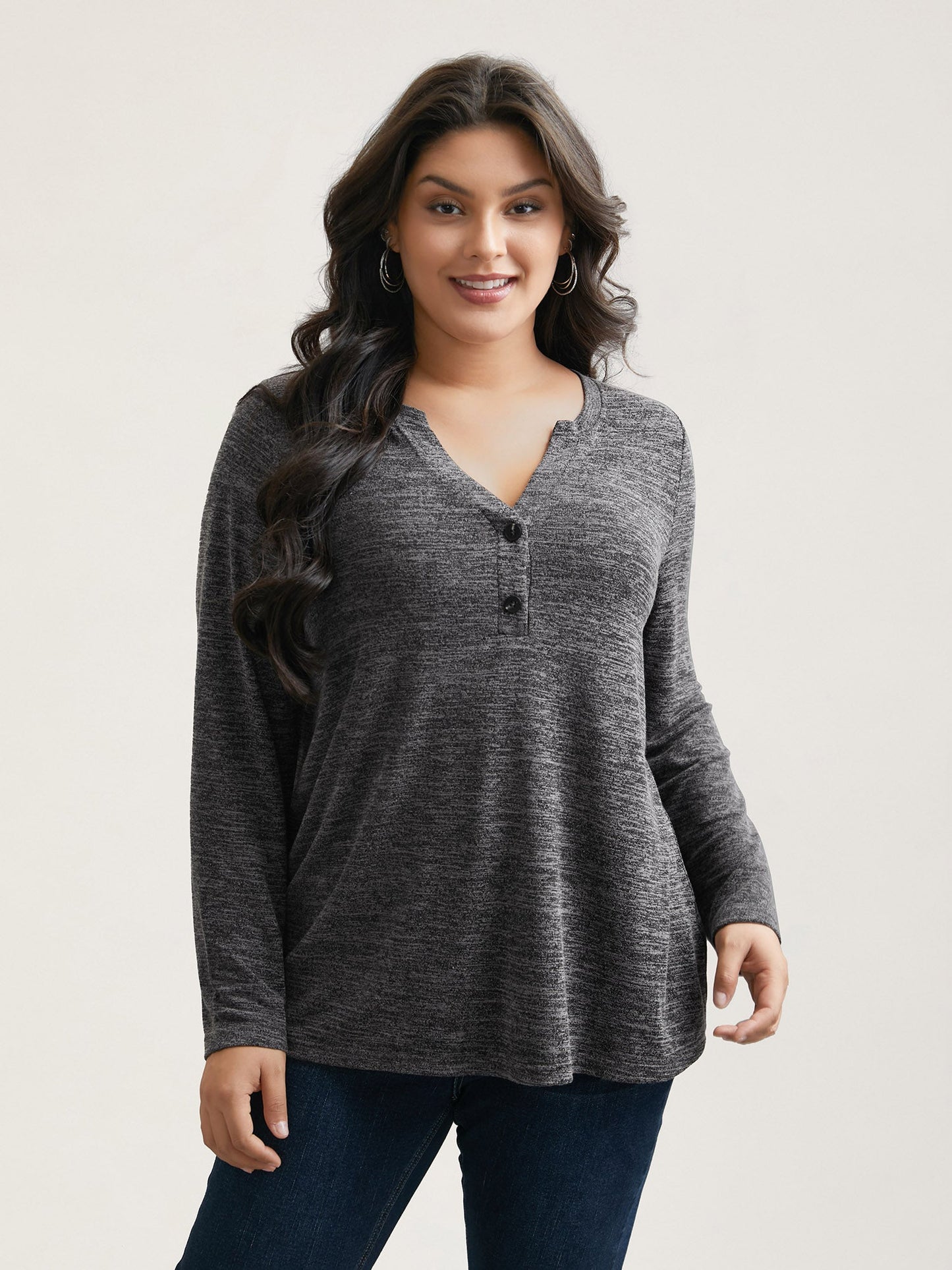 Heather Textured Button-Front Fitted T-Shirt