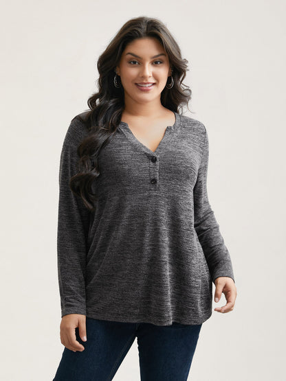 Heather Textured Button-Front Fitted T-Shirt