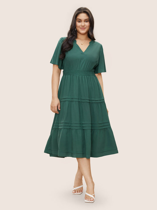 Plain Shirred Notched Pocket Pleated Dress