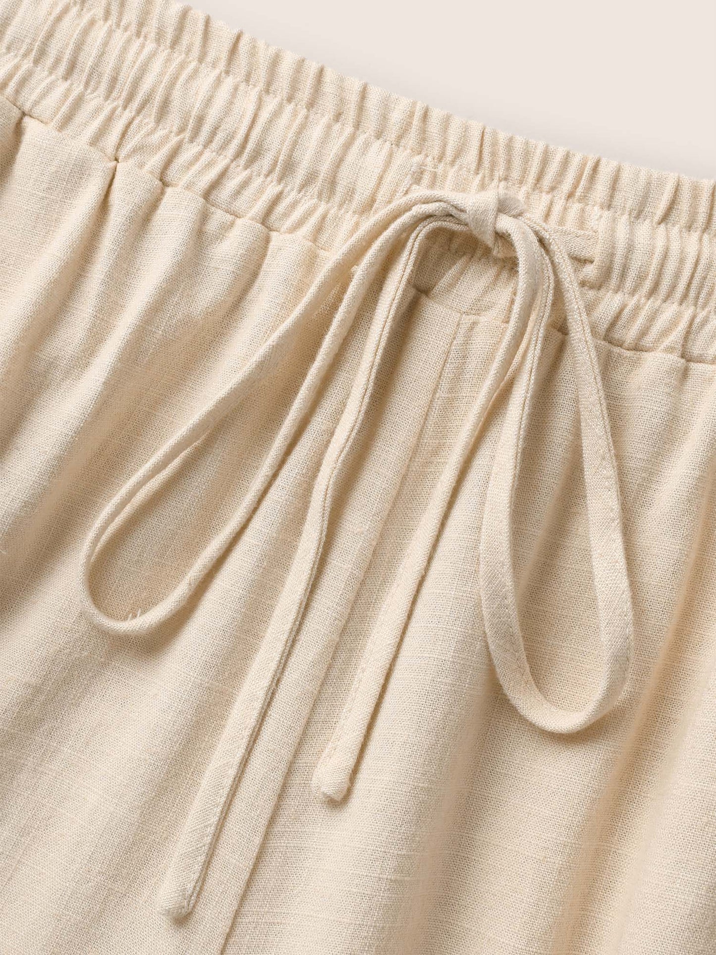Linen Blend Drawstring Mid Rise Wide Leg Pants