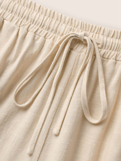 Linen Blend Drawstring Mid Rise Wide Leg Pants