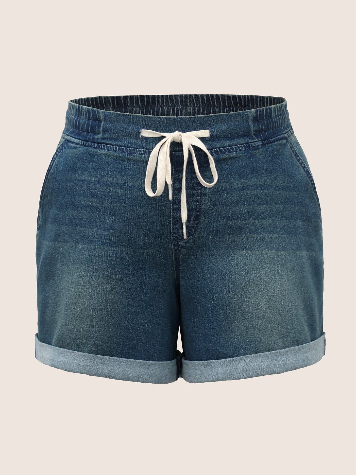 Dark Wash Roll Hem Drawstring Denim Shorts