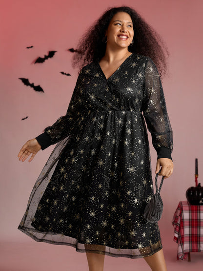 Star Moon Mesh Cinched-Waist Midi Dress