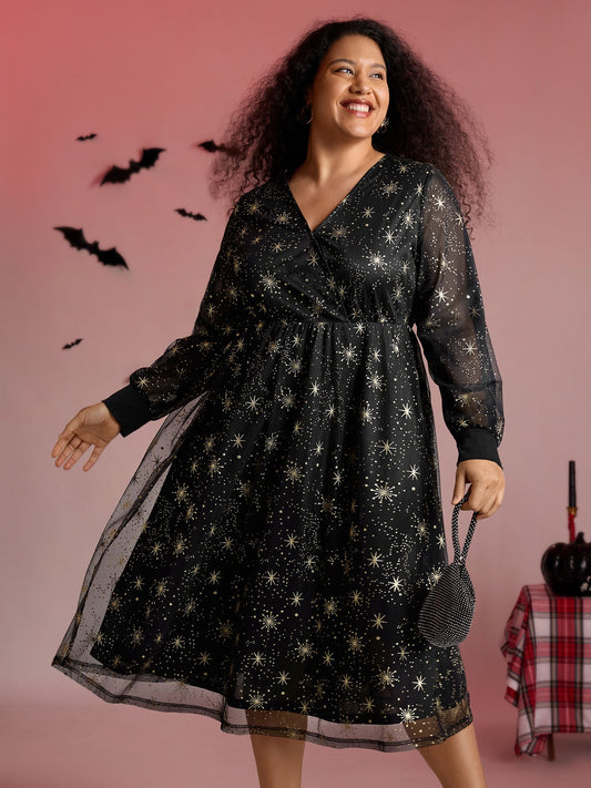 Star Moon Mesh Cinched-Waist Midi Dress