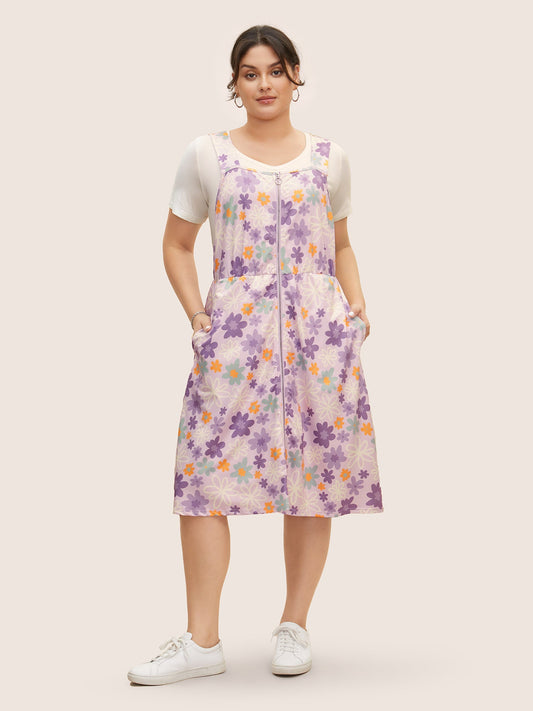 Contrast Floral Zipper Sleeveless Midi Dress