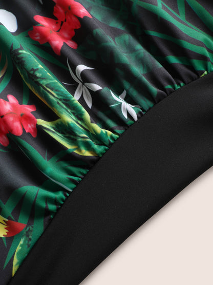 Tropical Print Patchwork Gathered Swim Top