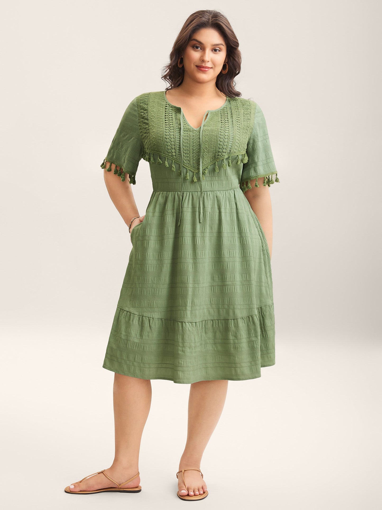 Lace Neck-Tie Pockets Tiered Midi Dress