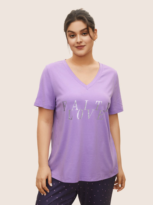 Letter Print Glitter Crew Neck Sleep Top