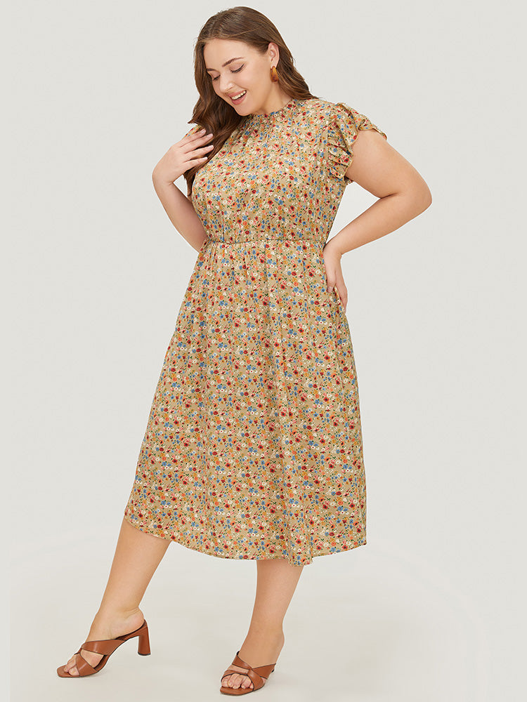 Ditsy Floral Ruffle Sleeve Pocket Frill Trim Mock Neck Dress