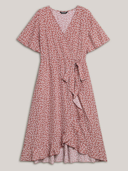 Ditsy Floral Print Stretchy-Waist Ruffle Midi Dress