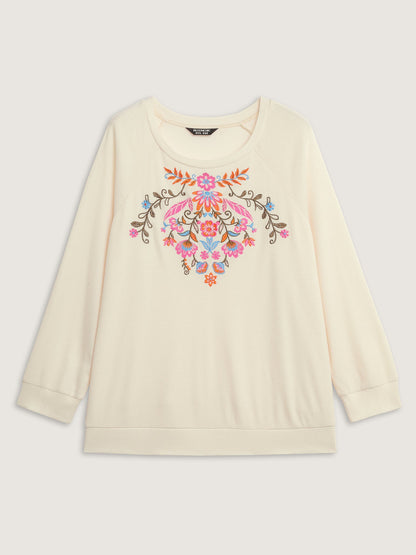 Colorful Floral Embroidery Anti-Abrasion Collar Sweatshirt