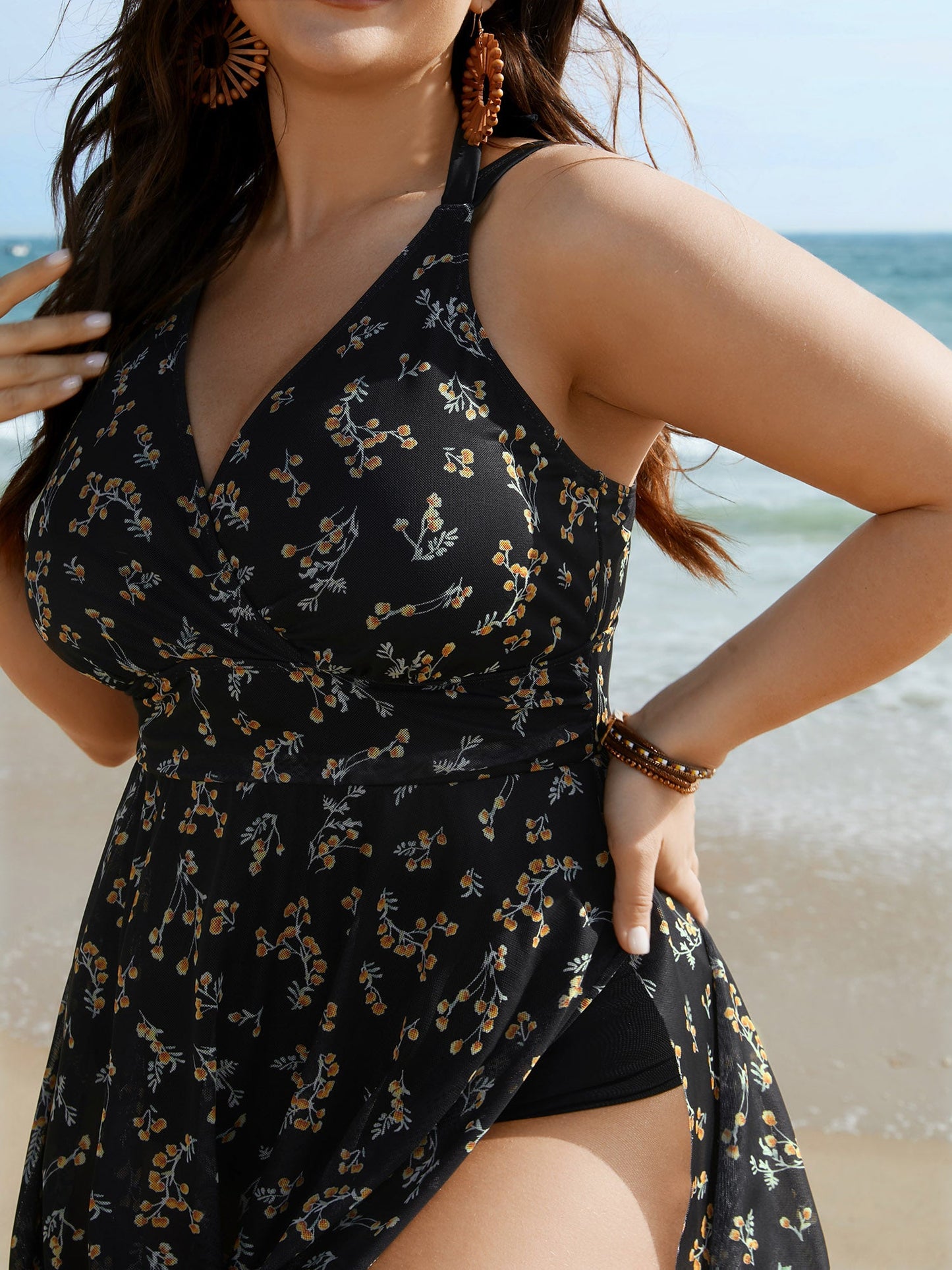Floral Mesh Sheer Splits Swim Dress
