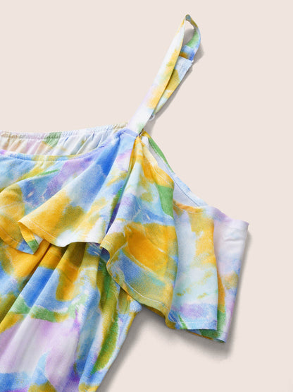 Rayon Pixel Flower Print Ruffles Pocket Dress